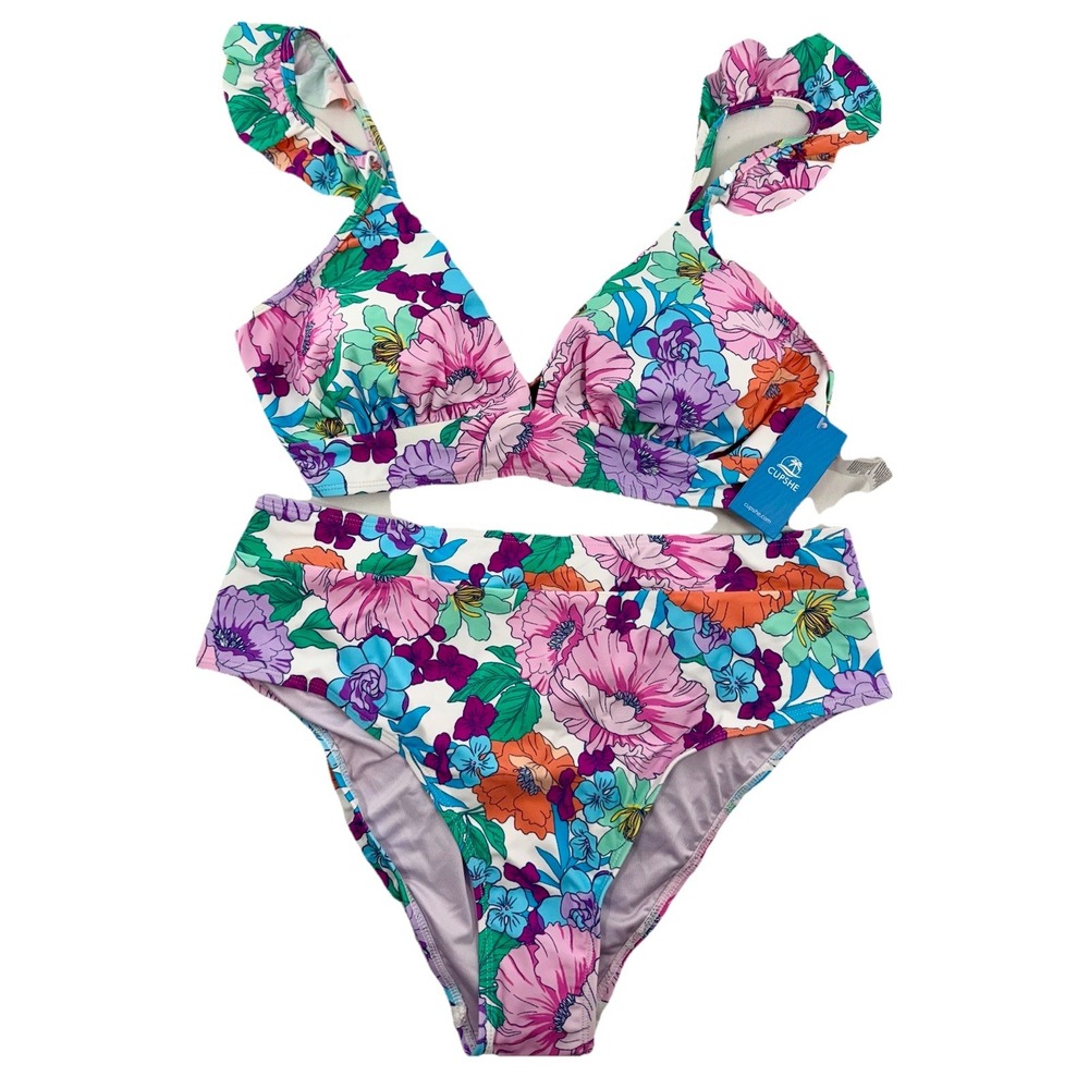 Cupshe Floral Bikini Set XL High Waist Bottom Ruffle Cap Sleeve V-Neck NWT